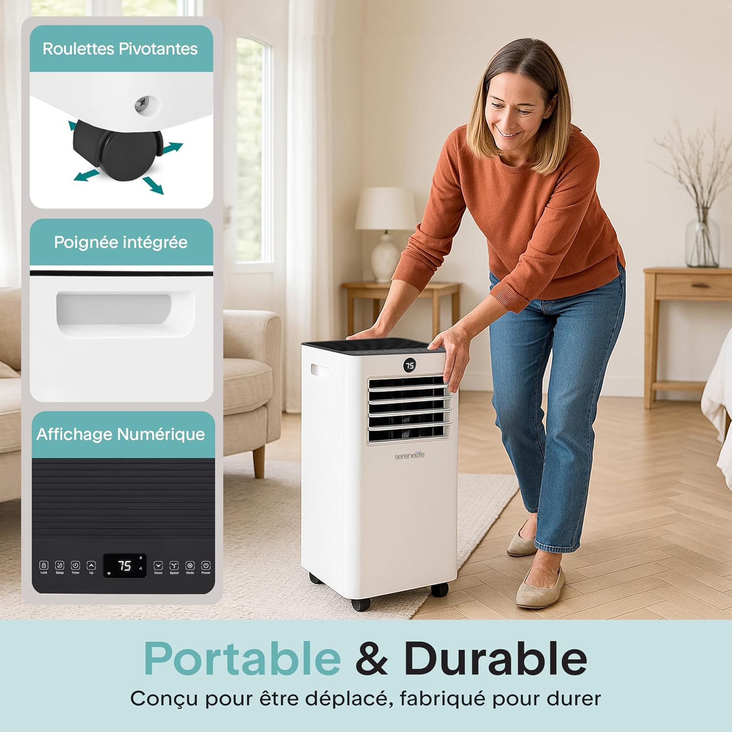  SereneLife Climatiseur Mobile WiFi 9000 BTU 4 En 1 – Silencieux Avec Chauffage Déshumidificateur Kit Fenêtre Roulettes Pour Chambre Bureau Maison Blanc