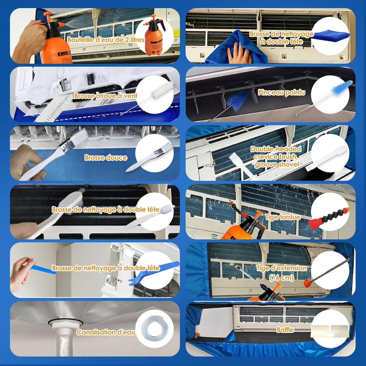 Kit Entretien Climatisation, Kit De Nettoyage Climatisation Split Pour Climatiseur, Bache Nettoyage Clim Avec Parois Latérales Renforcées (Bleu Et Blanc Transparent, Type C)