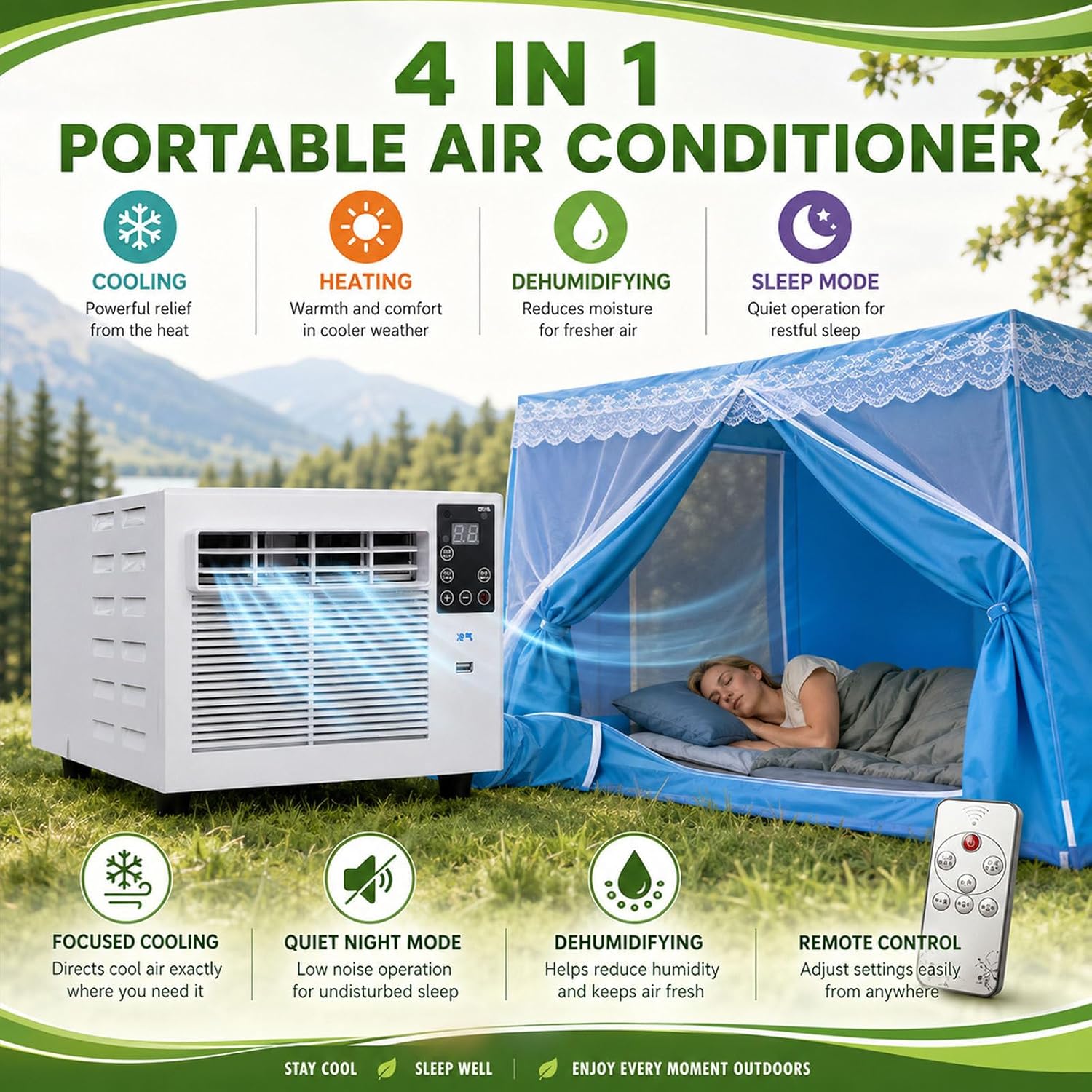  Climatiseur Portable De Voyage Pour Pick-Up, SUV Et Caravane, Climatiseur Mobile Pour Tente Et Rafraîchisseur D'air Portable, 1876 Btu, 280 W, Silencieux, Minuterie À Distance AC+0.9M