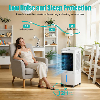 GENERIC Rafraîchisseur D'Air Autonome 4-en-1, Ventilateur Humidificateur Avec Grand Bac 25L Amovible, Circulation D'Air 800 M³/h, Oscillation 90°, Machine Sans Tuyau Avec Télécommande, Blanc