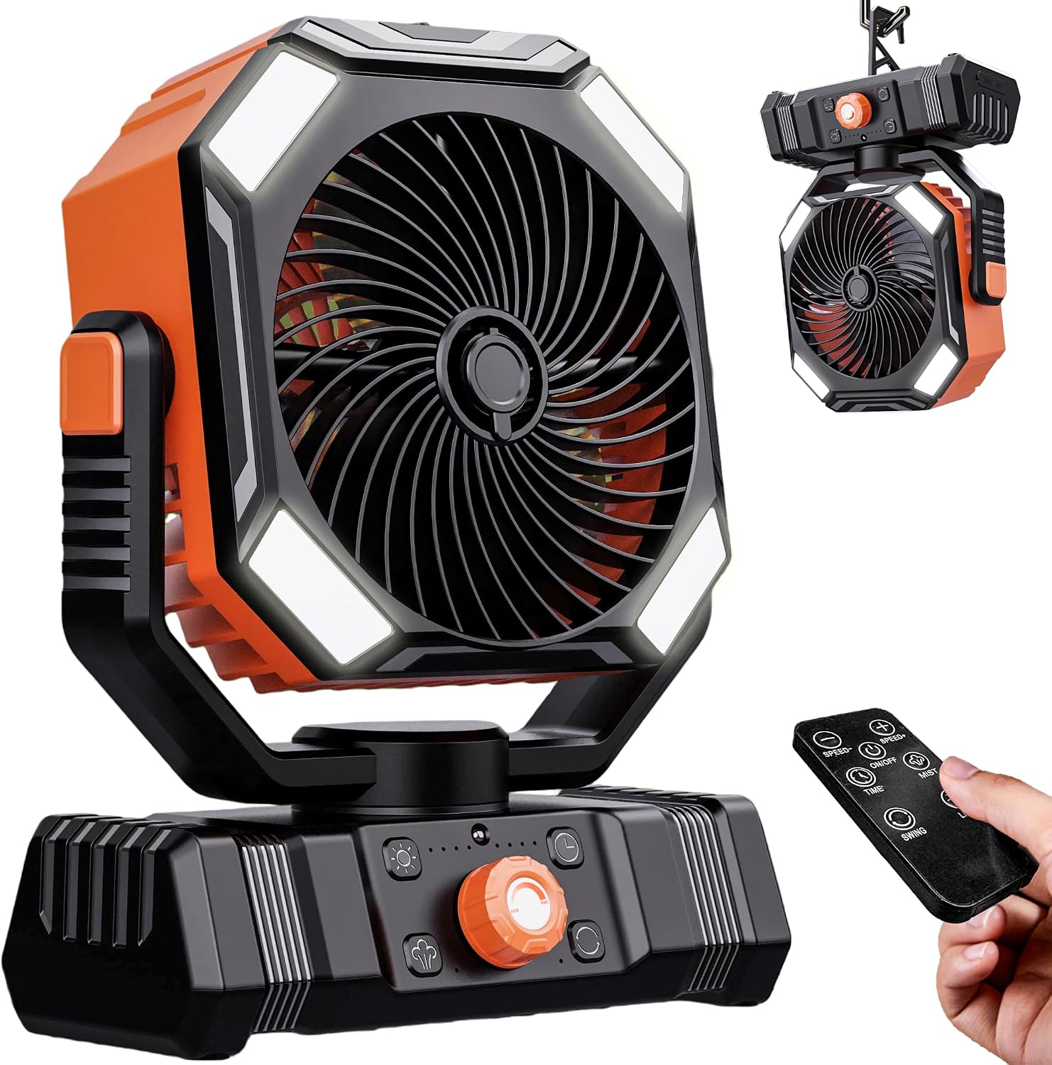  Ventilateur De Camping Rechargeable 10000mAh Avec Lanterne LED, Ventilateur Brumisateur Portable Avec Oscillation Auto Pour Tente, Accessoire Camping Avec Télécommande, ABS, Orange