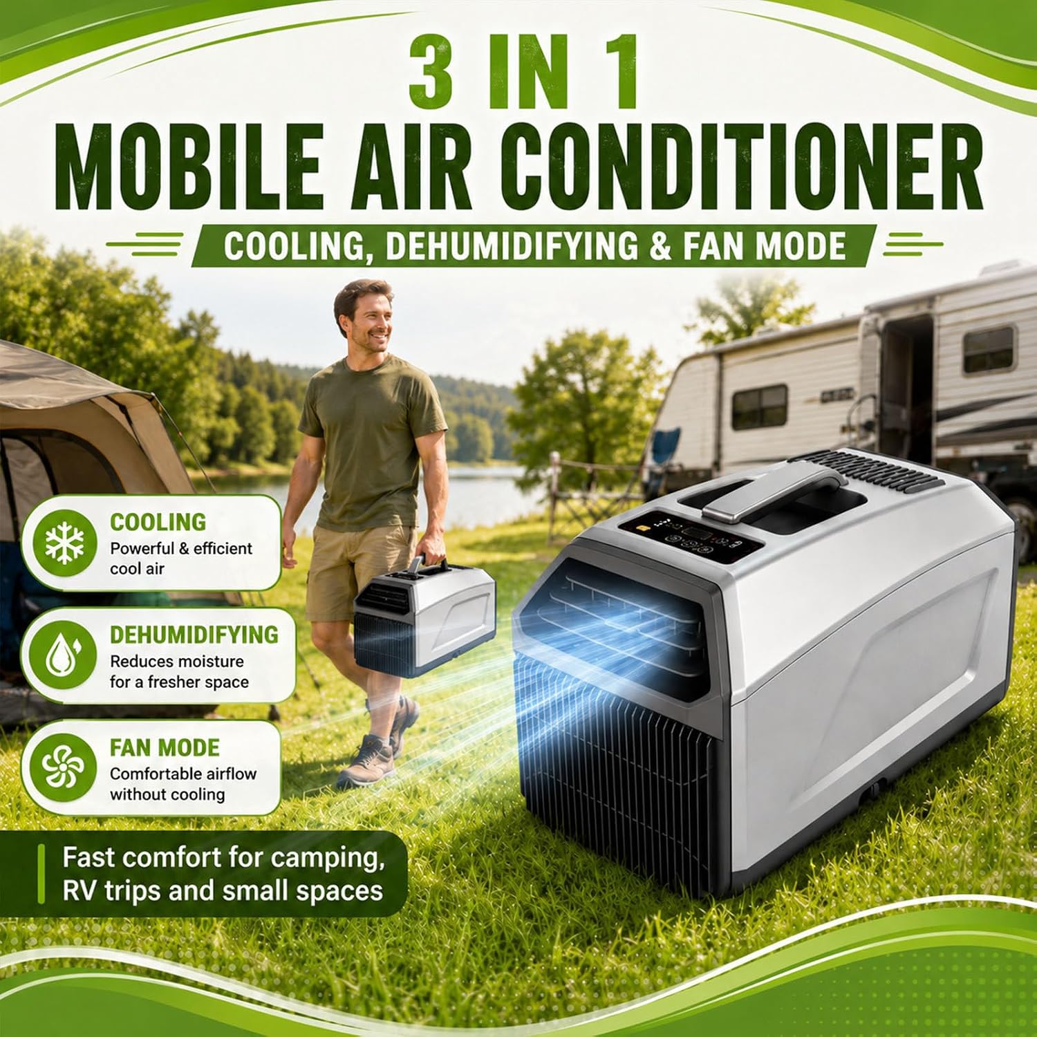  Climatiseur Mobile,Unité De Climatisation Portable Pour Camping,Refroidissement 4500/5100 Btu Pour Camping-Car, Tente, Caravane, Fourgon, 3 En 1, Minuterie 24 H, Télécommande 1500W