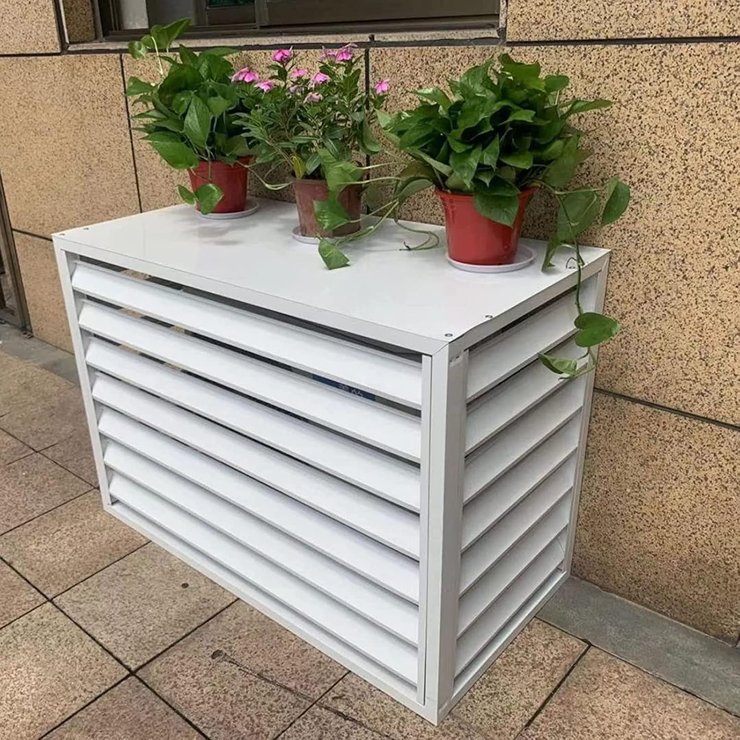 GENERIC Bâche Robuste En Aluminium Pour Climatiseur Et Clôture D'intimité Pour Unités Extérieures Design à Persiennes Avec étagère Pour Plantes Pour Balcon Et Jardin – Blanc 100 X 70 X 50 Cm