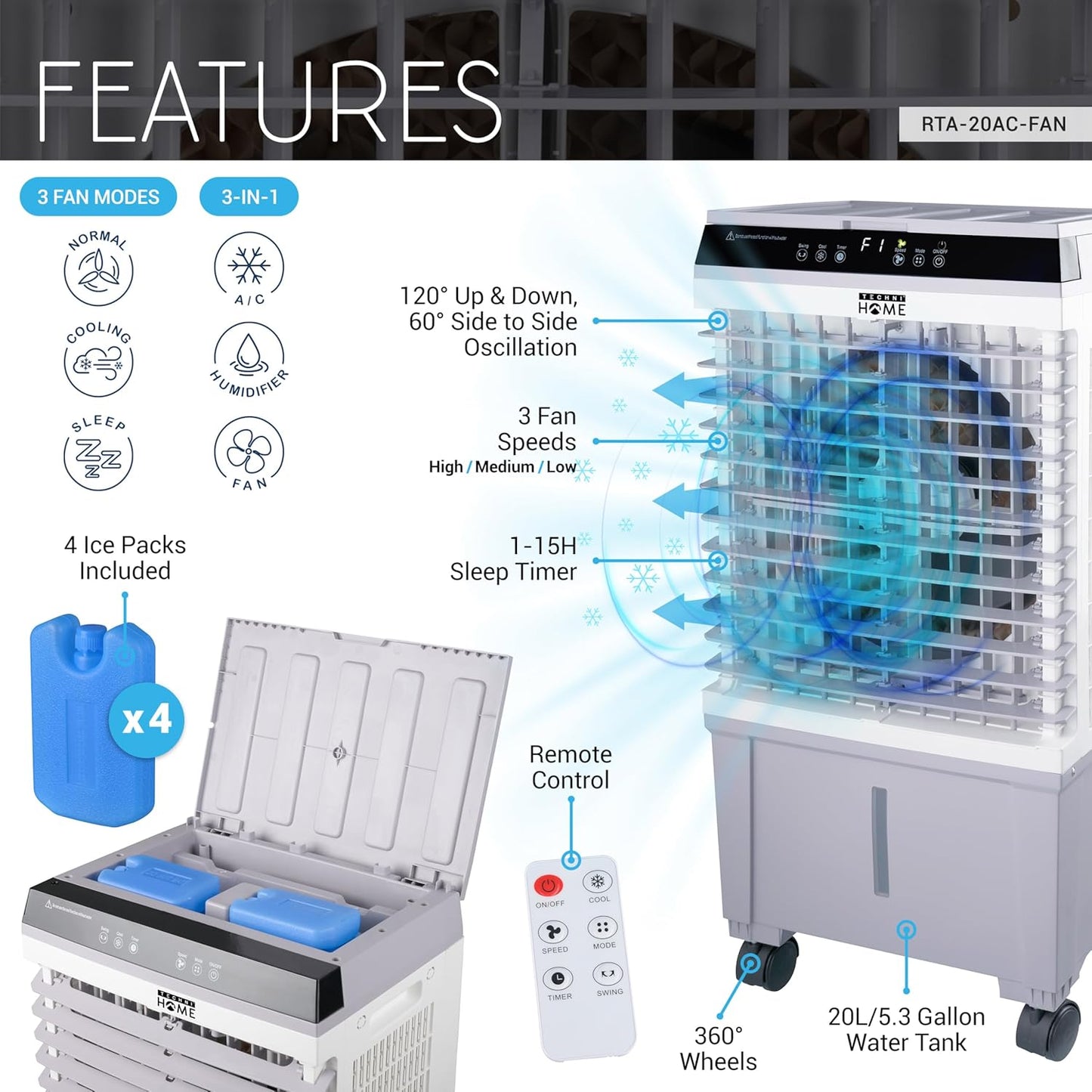  Refroidisseur D'air Par évaporation Portable 3 En 1, Climatiseur, Humidificateur, Ventilateur à 3 Vitesses, Refroidisseur De Marais Avec Réservoir De 5,3 Gallons, 4 Blocs De Glace