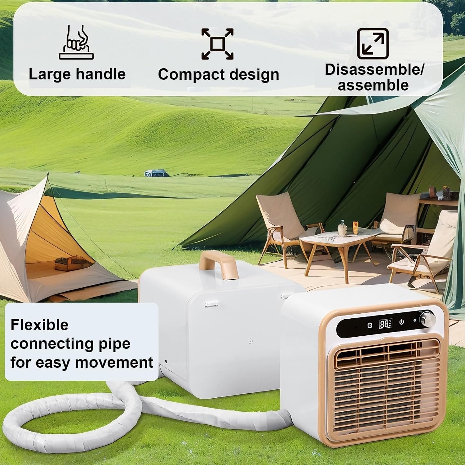  Portable Split AC 1500W Calme, 130m3/h Airflow, Télécommande WiFi, 12H Minuterie, Léger Pour RV Truck Bedroom Camping, Filtre Lavable Enlèvement D'odeur, 40dB Mode Veille