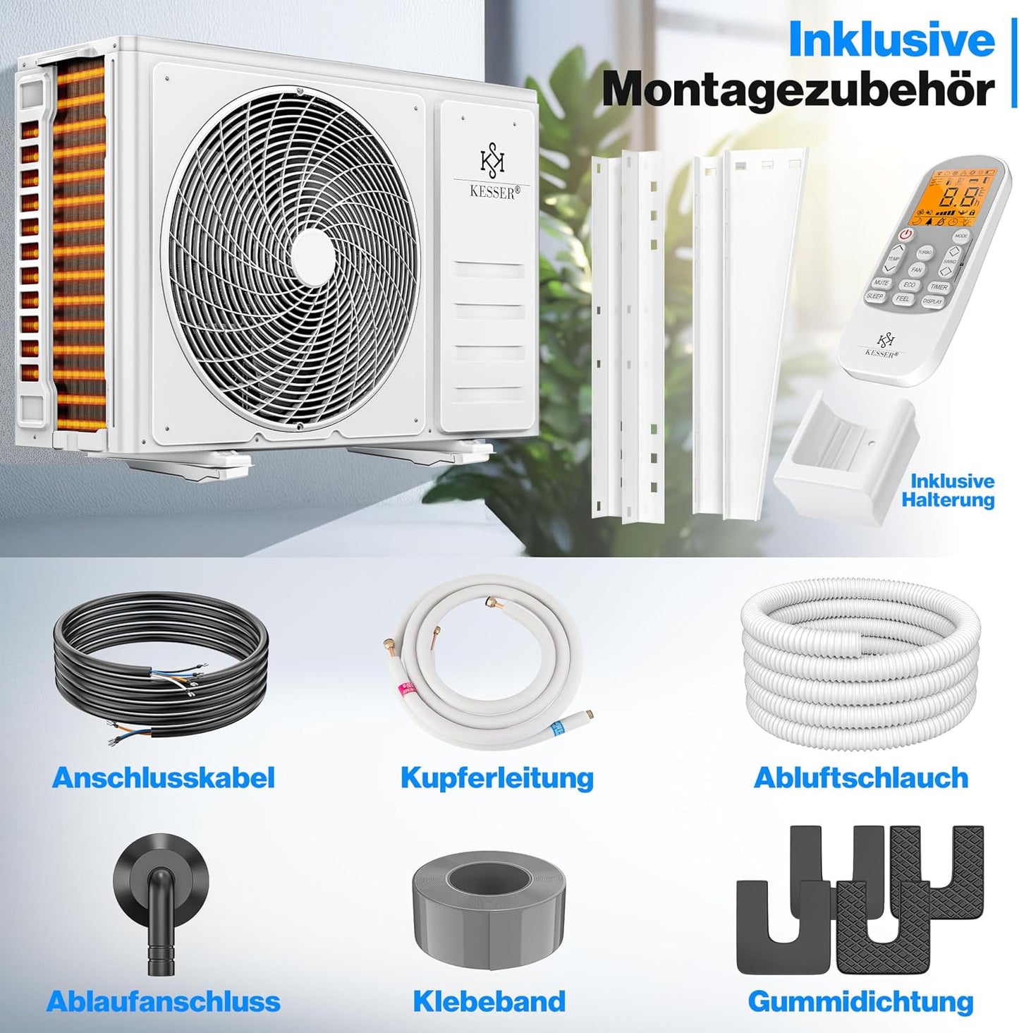  KESSER® Climatiseur SET Split – Wi-Fi/application – Refroidissement A++/chauffage A+ – Réfrigérant R32 – Télécommande, Matériel De Montage 9 000 BTU/h (2 600 Watts) Blanc [Classe énergétique A++]