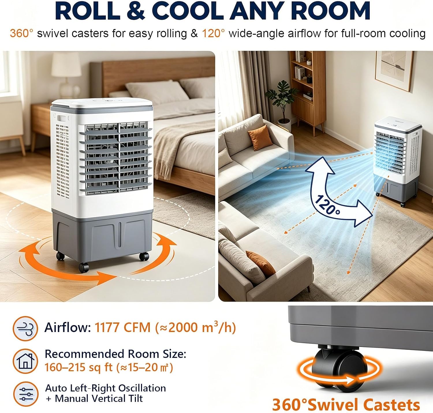 GENERIC Refroidisseur D'air Et Ventilateur 3 En 1, Rotation Automatique à 120°, 4 Roulettes Lisses, Réservoir De 20 L, Refroidissement De 1177 CFM, 3 Vitesses, Avec 2 Blocs De Glace, For Appartement RV