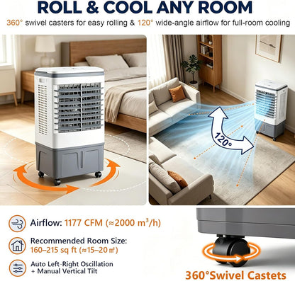 GENERIC Refroidisseur D'air Et Ventilateur 3 En 1, Rotation Automatique à 120°, 4 Roulettes Lisses, Réservoir De 20 L, Refroidissement De 1177 CFM, 3 Vitesses, Avec 2 Blocs De Glace, For Appartement RV