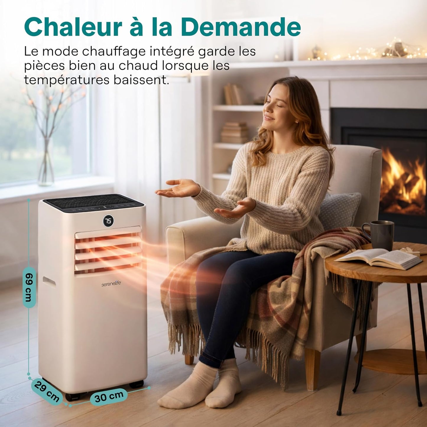  SereneLife Climatiseur Mobile WiFi 9000 BTU 4 En 1 – Silencieux Avec Chauffage Déshumidificateur Kit Fenêtre Roulettes Pour Chambre Bureau Maison Blanc
