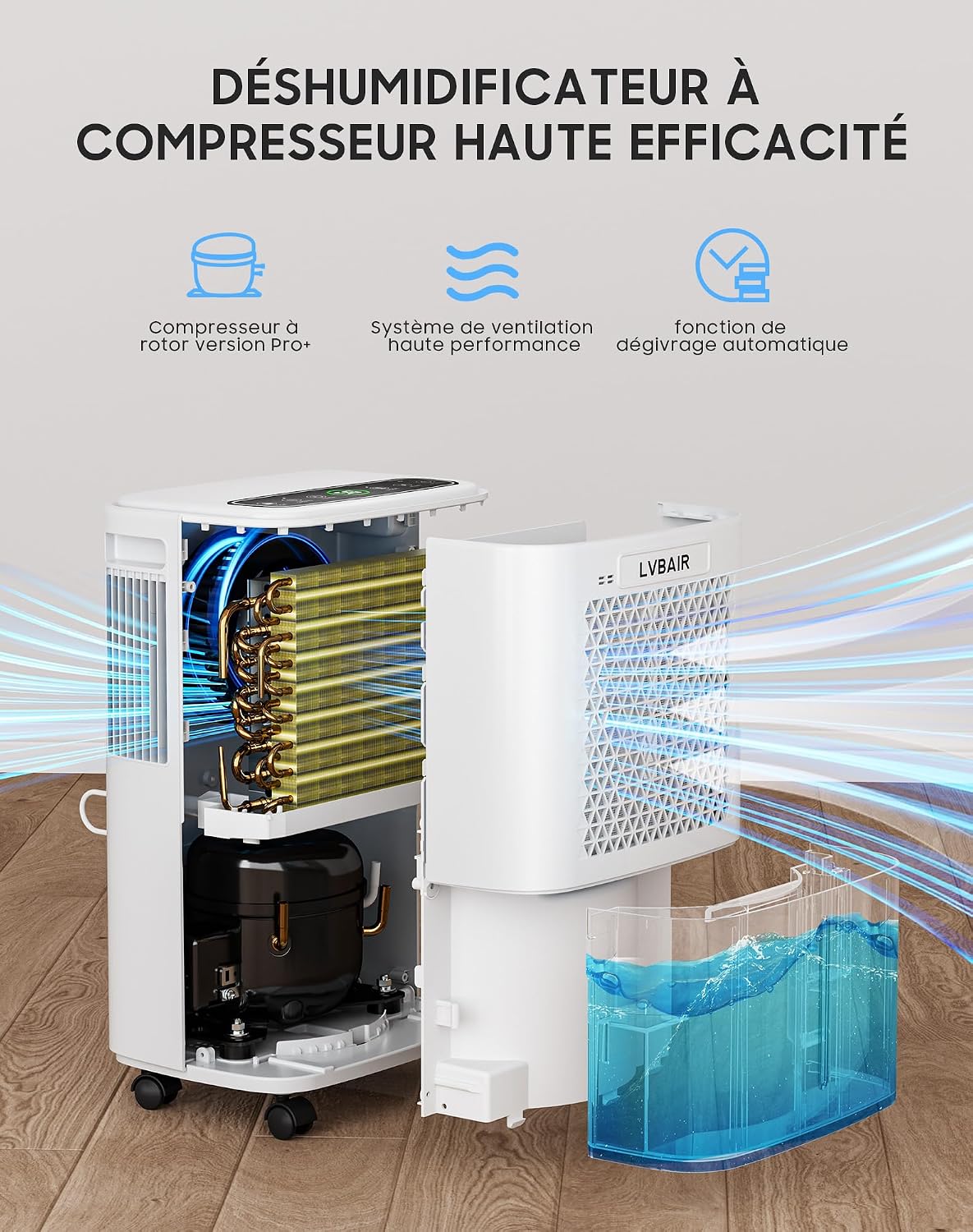  Déshumidificateur 12L/jour - Déshumidificateur électrique Puissant, économe En énergie, Portable, 3 Modes Et Contrôle Intelligent De L'humidité, Déshumidificateur électrique