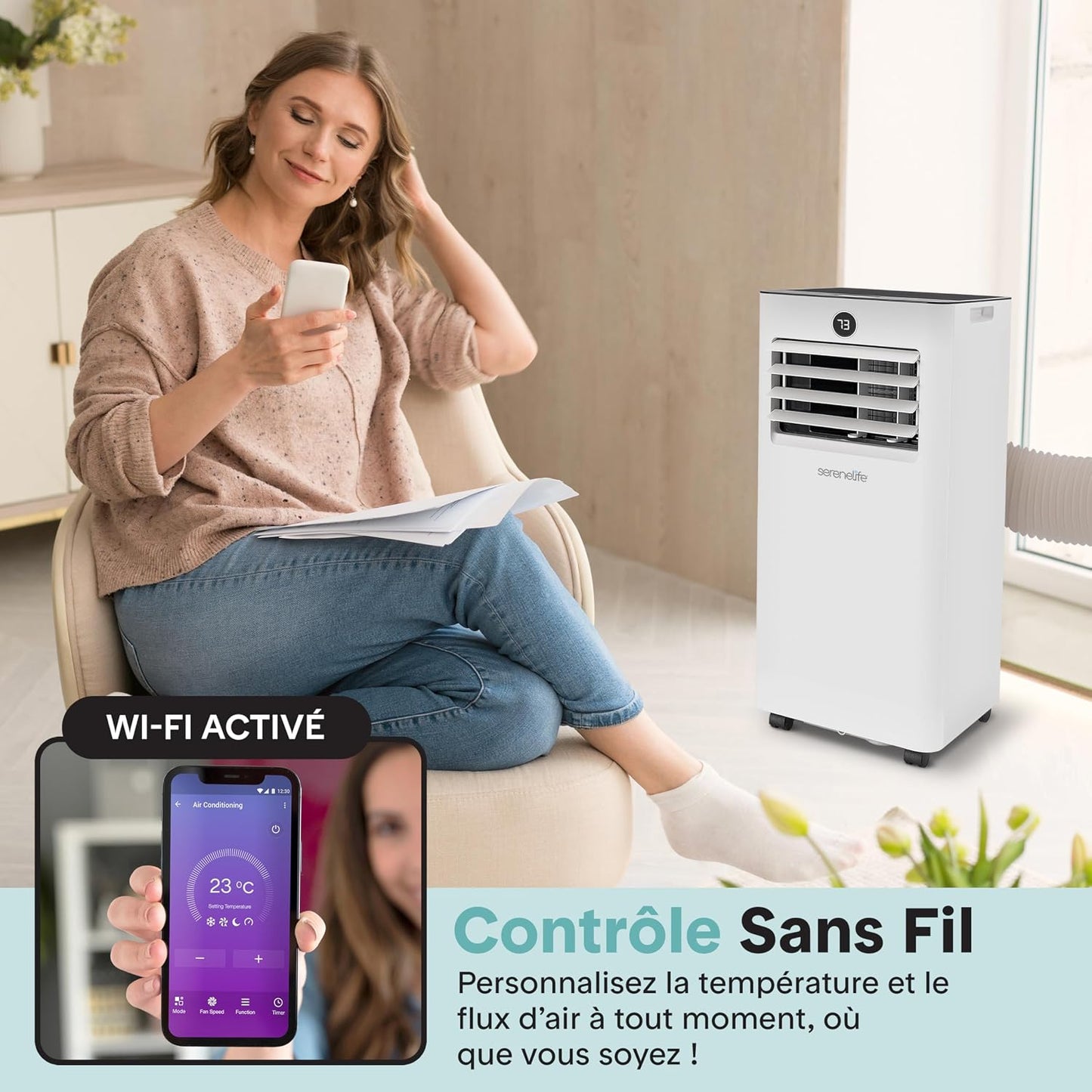  SereneLife Climatiseur Mobile WiFi 9000 BTU 4 En 1 – Silencieux Avec Chauffage Déshumidificateur Kit Fenêtre Roulettes Pour Chambre Bureau Maison Blanc