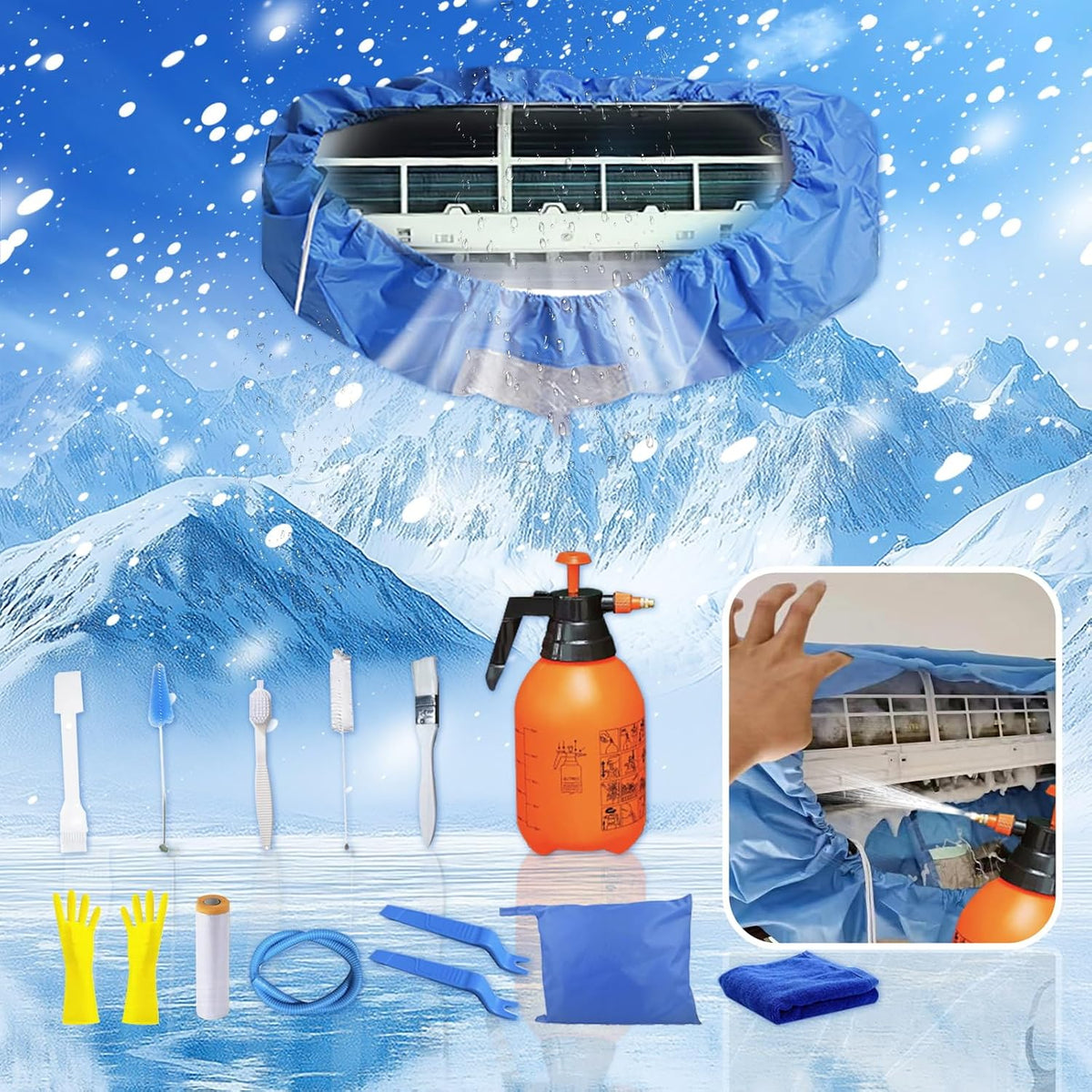  Kit Nettoyage Climatiseur Mural，Kit Nettoyage Climatisation Split，Nettoyage Climatisation Split，Bâche Nettoyage Clim(15 Pièces, Bleu Roi, Taille Moyenne : 68-98 Cm/27,55-39,37 Pouces)