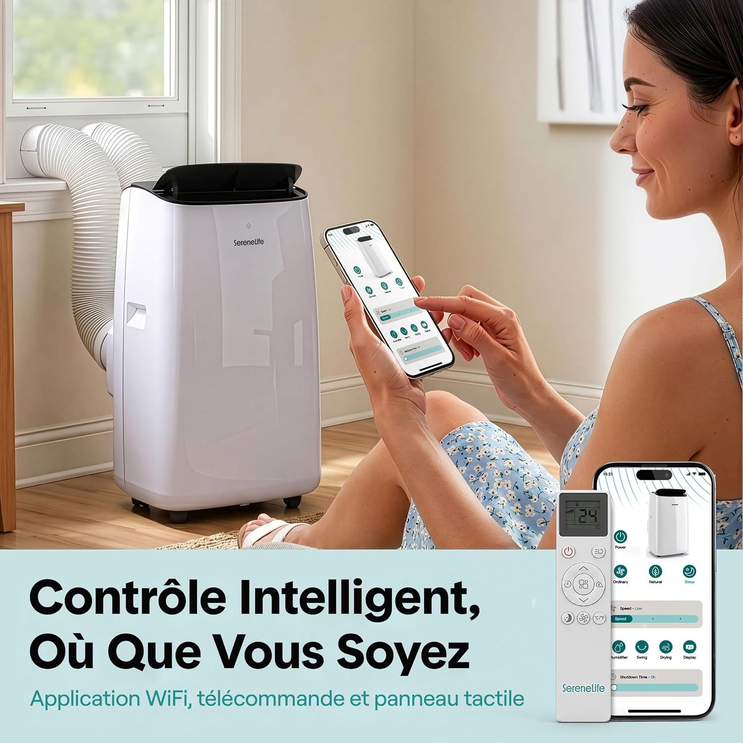  SereneLife Climatiseur Mobile Inverter A+++ 12000 BTU Double Tuyau – 4 En 1 Refroidissement Chauffage Déshumidification Ventilation, Auto-Swing, WiFi, Ultra Silencieux 44 à 49 DB Avec Kit Fenêtre