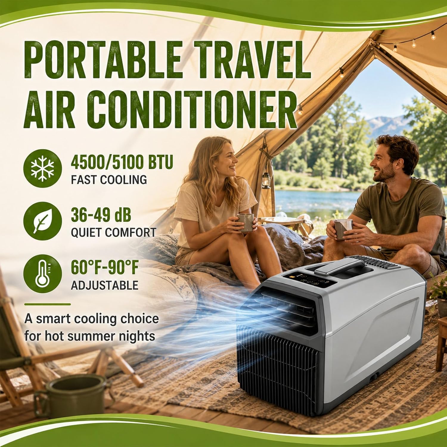  Climatiseur Mobile,Unité De Climatisation Portable Pour Camping,Refroidissement 4500/5100 Btu Pour Camping-Car, Tente, Caravane, Fourgon, 3 En 1, Minuterie 24 H, Télécommande 1500W