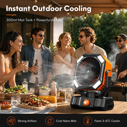  Ventilateur De Camping Rechargeable 10000mAh Avec Lanterne LED, Ventilateur Brumisateur Portable Avec Oscillation Auto Pour Tente, Accessoire Camping Avec Télécommande, ABS, Orange