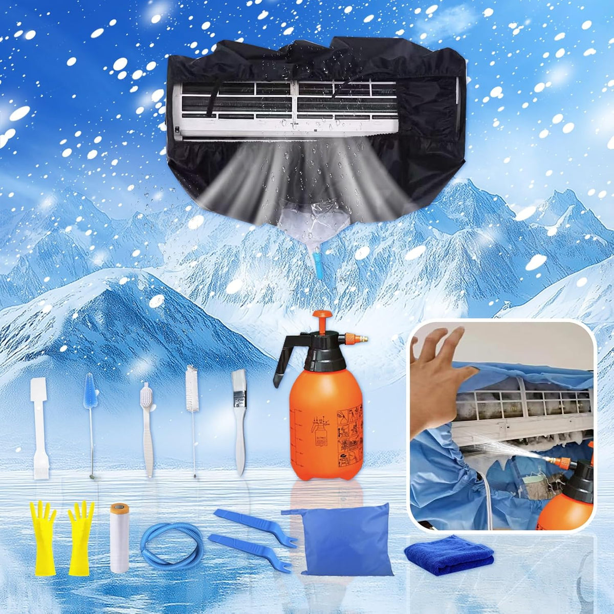  Kit Nettoyage Climatiseur Mural，Kit Nettoyage Climatisation Split，Nettoyage Climatisation Split，Bâche Nettoyage Clim(15 Pièces, Noir, Taille Moyenne : 68-98 Cm / 27,55-39,37 Pouces)