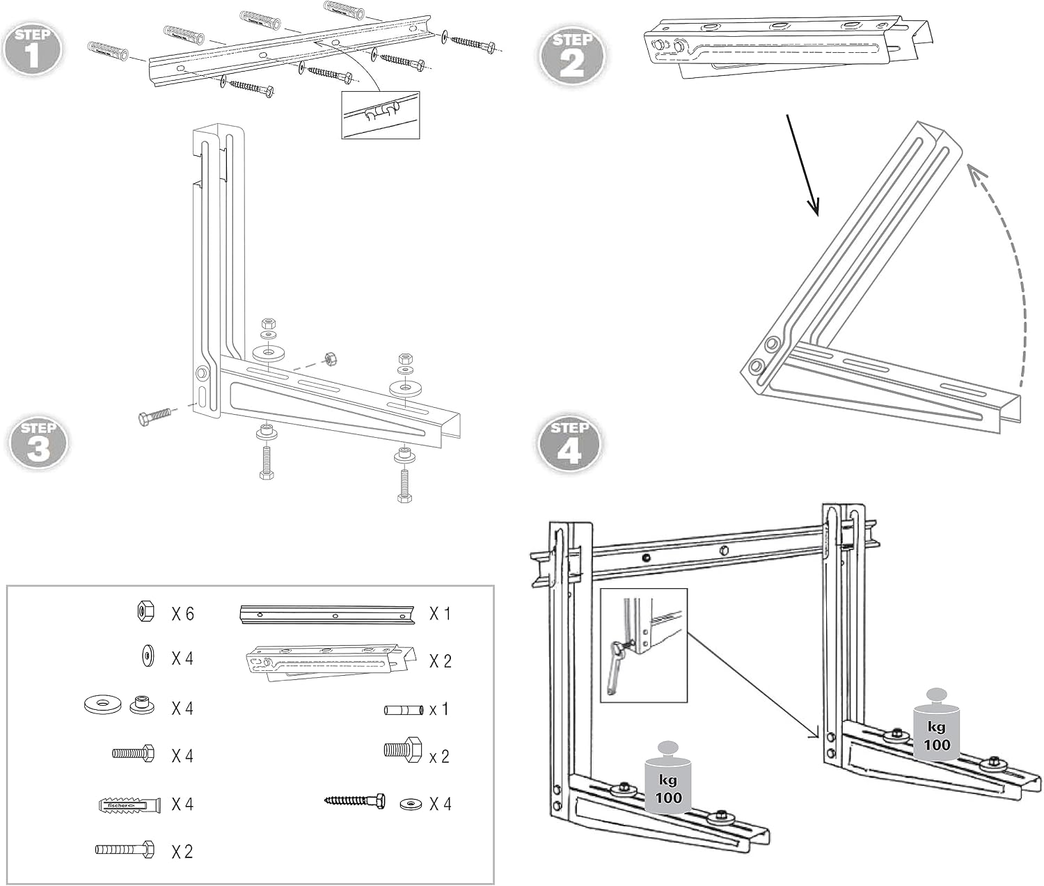  Fischer Supports Pour Climatisation, Unité Extérieure KLIMA STRONG, Longueur Du Bras 560 Mm, étagères En Acier Galvanisé Greffage Rapide, Comprend Système De Fixation Fischer SX Et Pieds Antivibrants