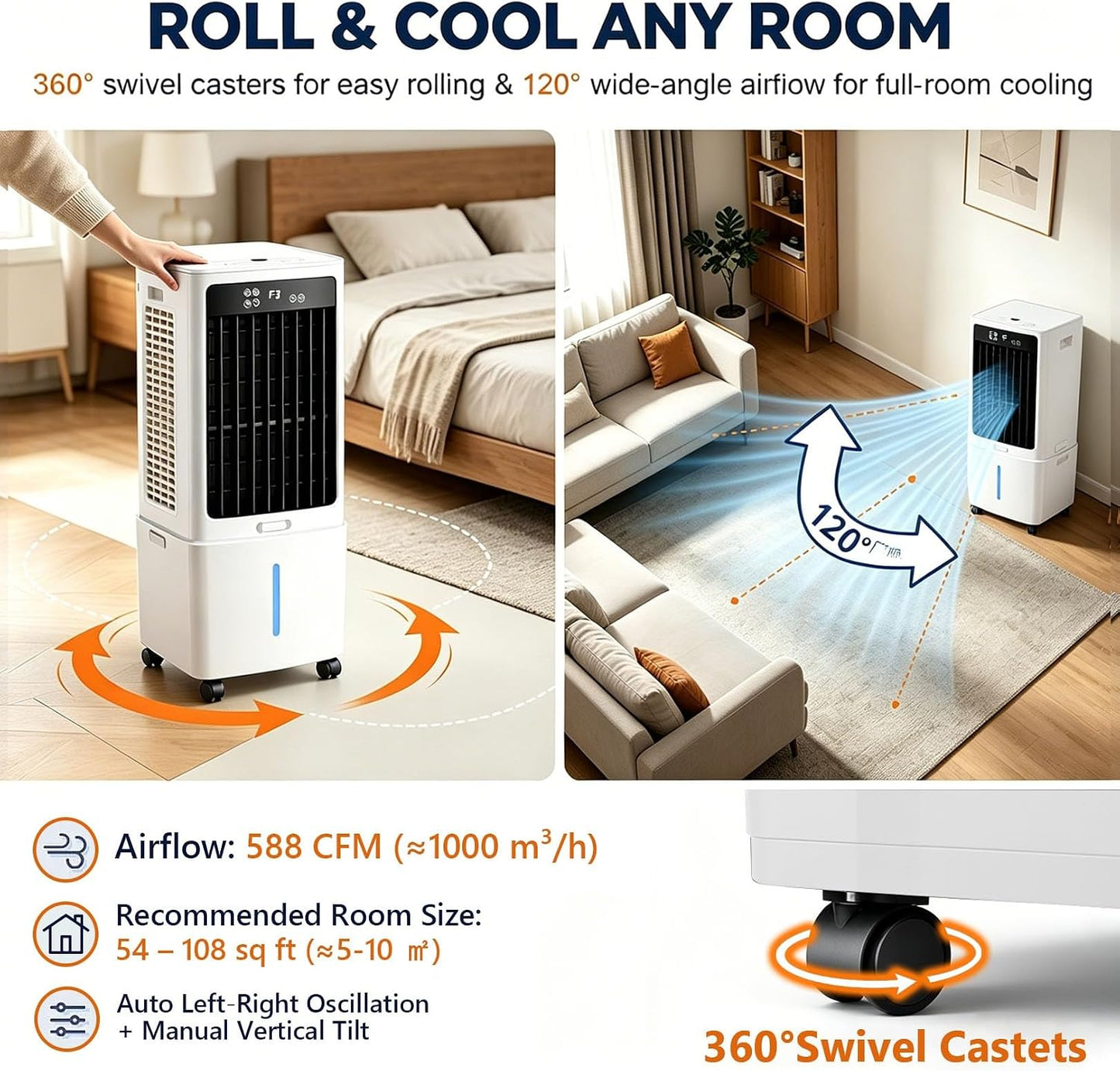 GENERIC Refroidisseur D'air Par évaporation Portable 3 En 1 Avec Réservoir D'eau De 12 L, Ventilateur à Oscillation Automatique De 120°, Unité AC Sans Fenêtre à Faible Consommation, For Chambre à Coucher