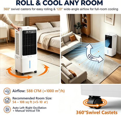GENERIC Refroidisseur D'air Par évaporation Portable 3 En 1 Avec Réservoir D'eau De 12 L, Ventilateur à Oscillation Automatique De 120°, Unité AC Sans Fenêtre à Faible Consommation, For Chambre à Coucher