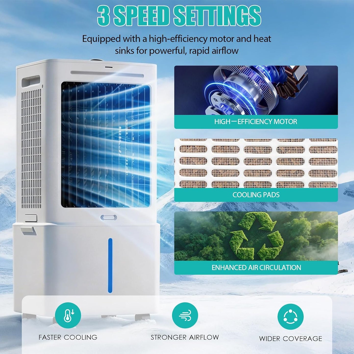 GENERIC Rafraîchisseur D'Air Autonome 4-en-1, Ventilateur Humidificateur Avec Grand Bac 25L Amovible, Circulation D'Air 800 M³/h, Oscillation 90°, Machine Sans Tuyau Avec Télécommande, Blanc