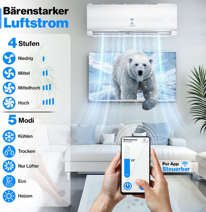  KESSER® Climatiseur SET Split – Wi-Fi/application – Refroidissement A++/chauffage A+ – Réfrigérant R32 – Télécommande, Matériel De Montage 9 000 BTU/h (2 600 Watts) Blanc [Classe énergétique A++]