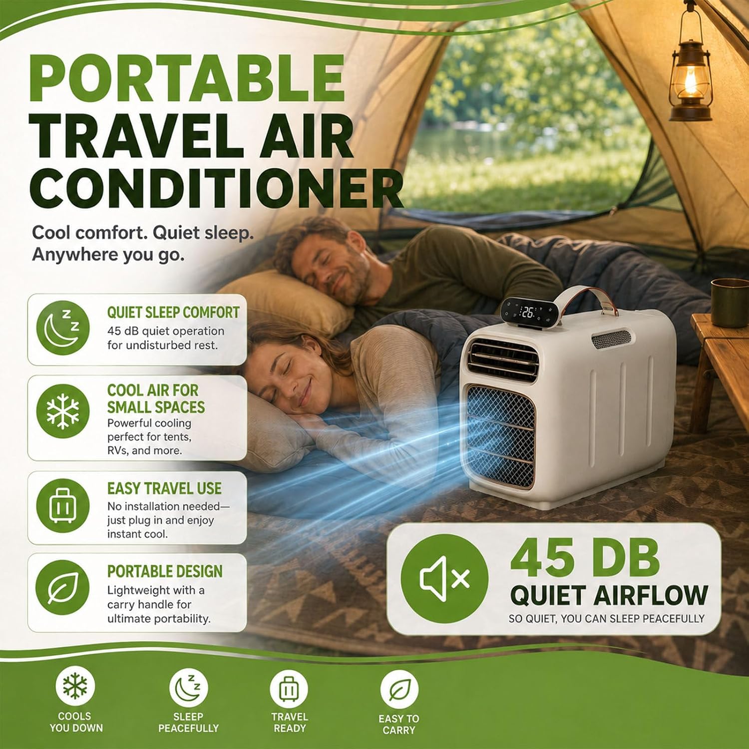  Climatiseur Portable 450 W,Climatiseur Mobile Compact 4700 Btu,Climatiseur De Camping Avec Flux D'air Réglable,Mode Silencieux 45 DB,Auto-Évaporateur Pour Tente/Caravane Cooling+Heating |