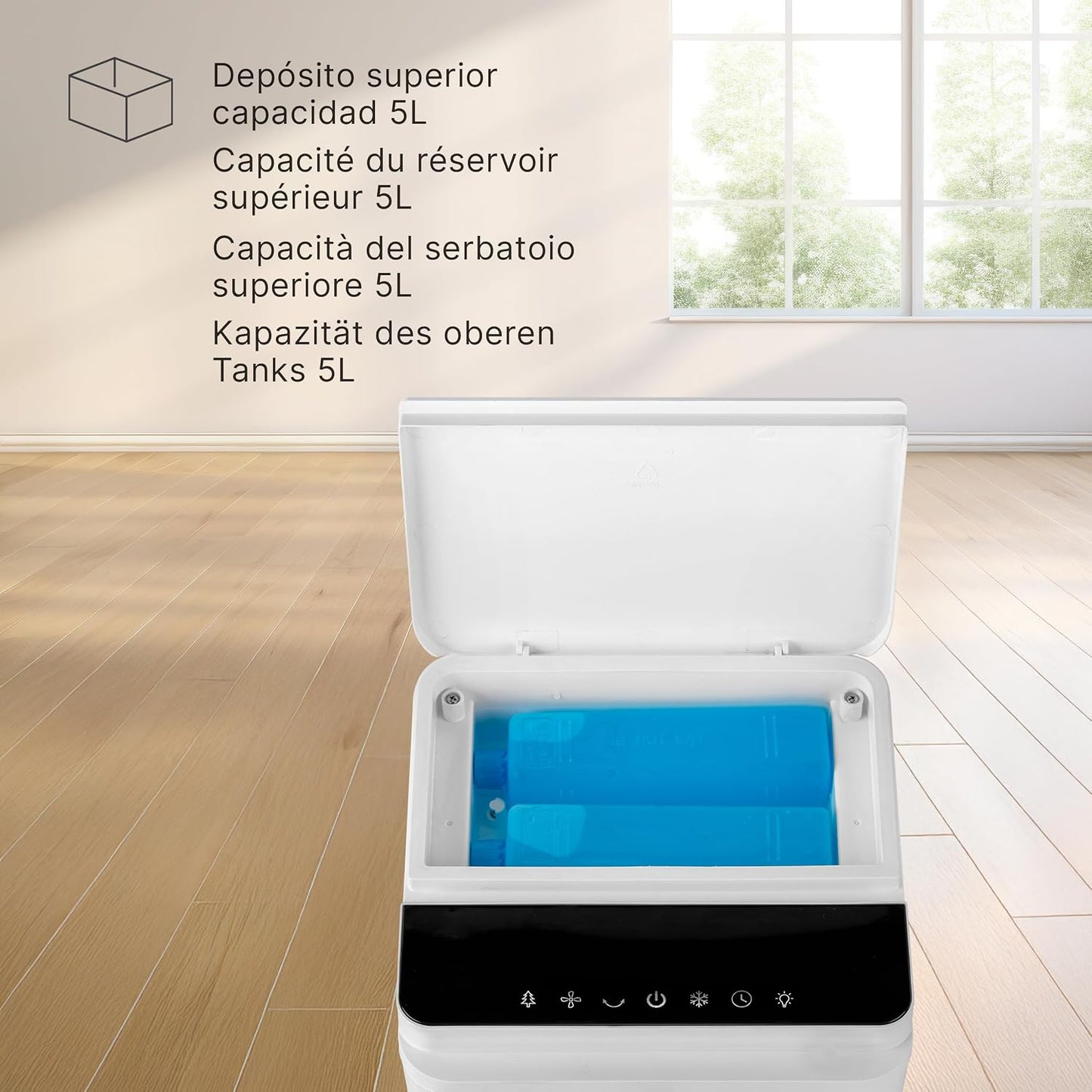  Ufesa Narvik Rafraîchisseur D’Air Évaporatif, 65W, Fonction Air Froid Et Ventilateur, 3 Vitesses, 3 Modes, Panneau Tactile, Réservoir De 5L, Minuteur 12h, Filtre Lavable, Télécommande
