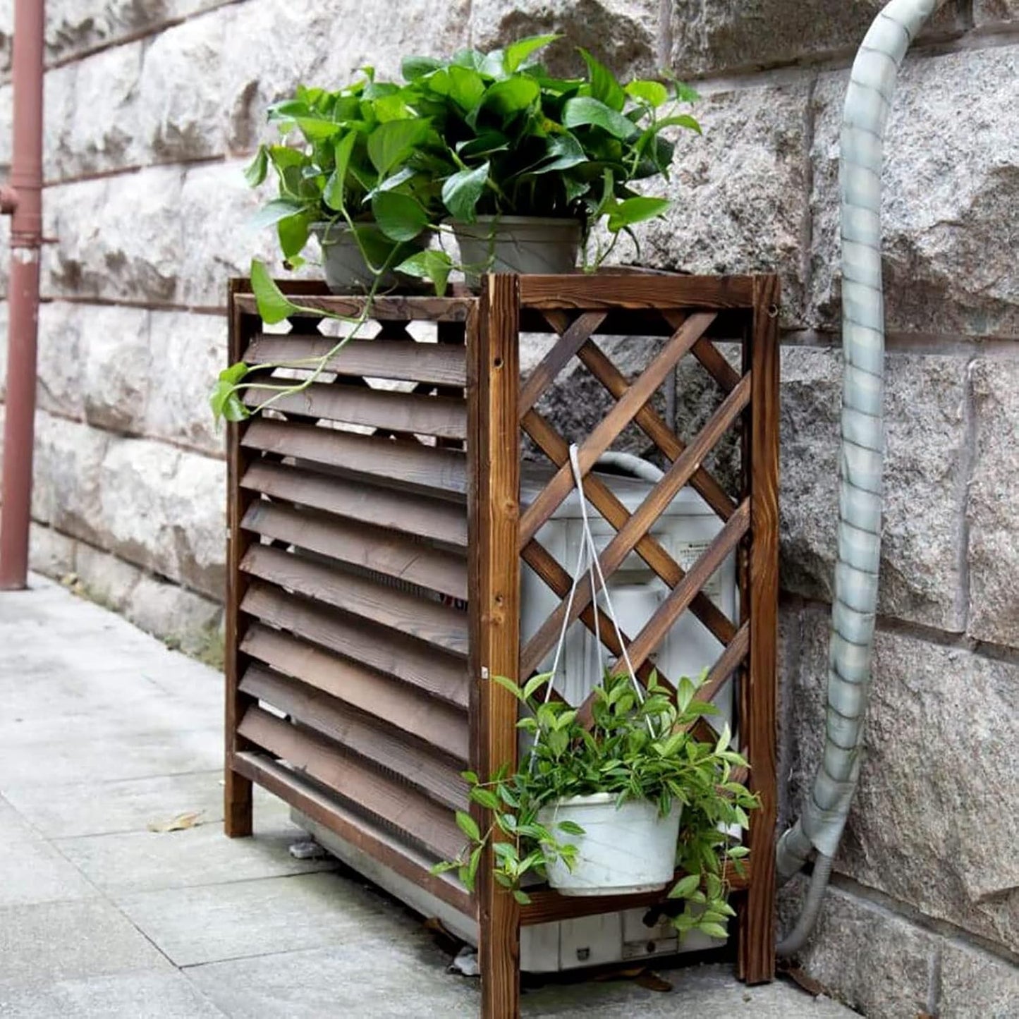  Housse De Climatiseur D'extérieur En Bois Et Support De Fleurs En Bois Massif Pour Climatisation, Protection Contre Les Intempéries.
