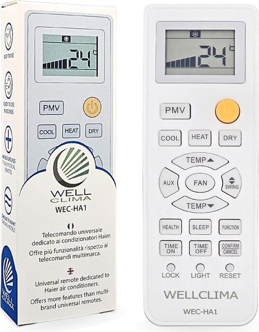  Wellclima WEC-HA1 Télécommande Pour Climatiseur Pour Haier, Pour HEC, Pour Candy, Plus Complète Que Les Universelles, Prête à L’Emploi Avec Fonctions Spéciales, Pour Inverter Et Pompe à Chaleur