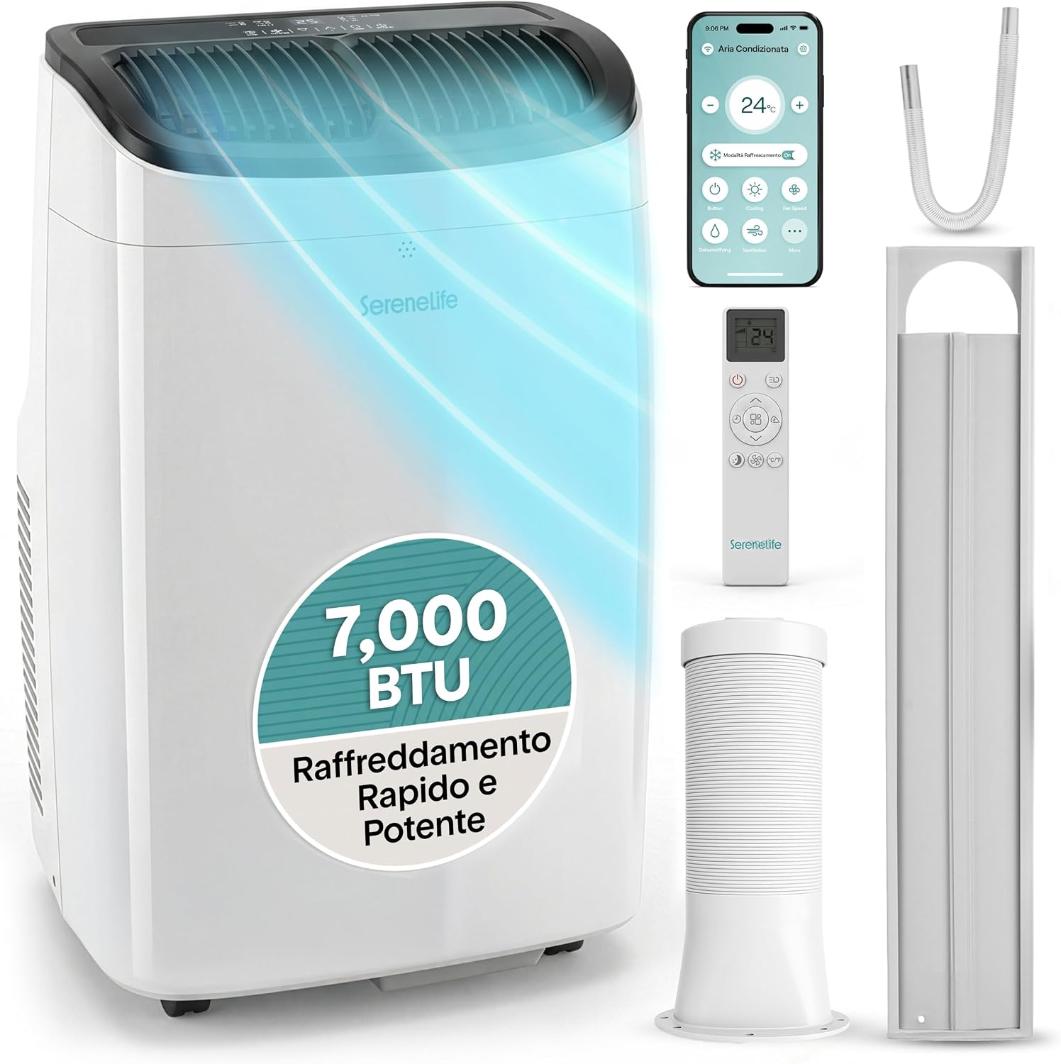  SereneLife Climatiseur Portable 7 000 BTU – Clim Mobile 3 En 1 Silencieuse Avec WiFi, Déshumidificateur, Ventilation, Rafraîchisseur D’Air, Contrôle APP, Kit Fenêtre, Pour Chambre Et Bureau