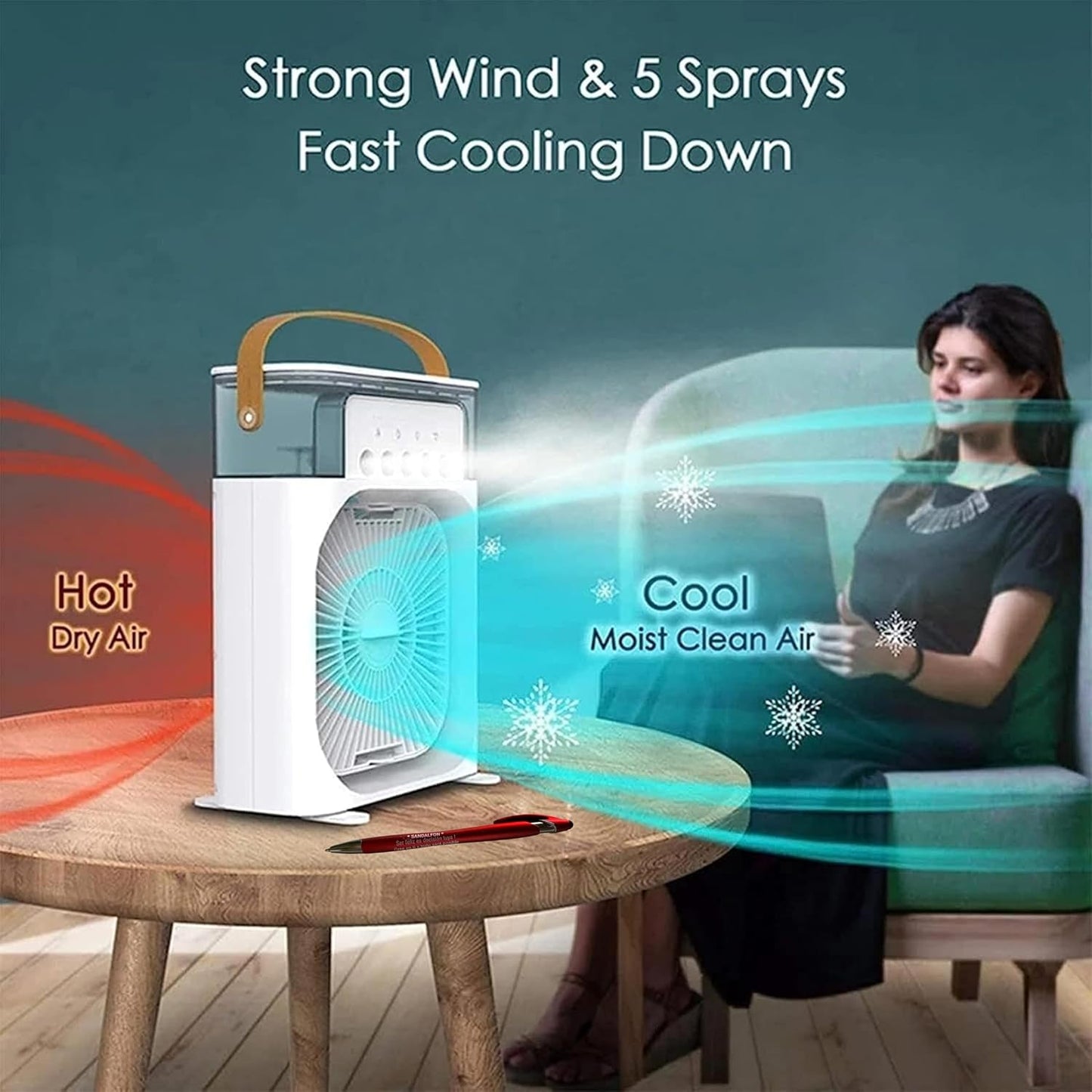  Climatiseur Lumière 7 Couleurs, Ventilateur, Humidificateur Et 5 Pulvérisateurs USB Pour Maison, Bureau Ou Chambre, Avec écran Tactile Et Stylo Personnalisé
