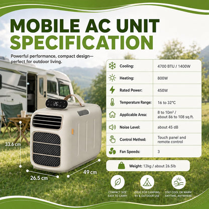 Climatiseur Portable 450 W,Climatiseur Mobile Compact 4700 Btu,Climatiseur De Camping Avec Flux D'air Réglable,Mode Silencieux 45 DB,Auto-Évaporateur Pour Tente/Caravane Cooling+Heating |