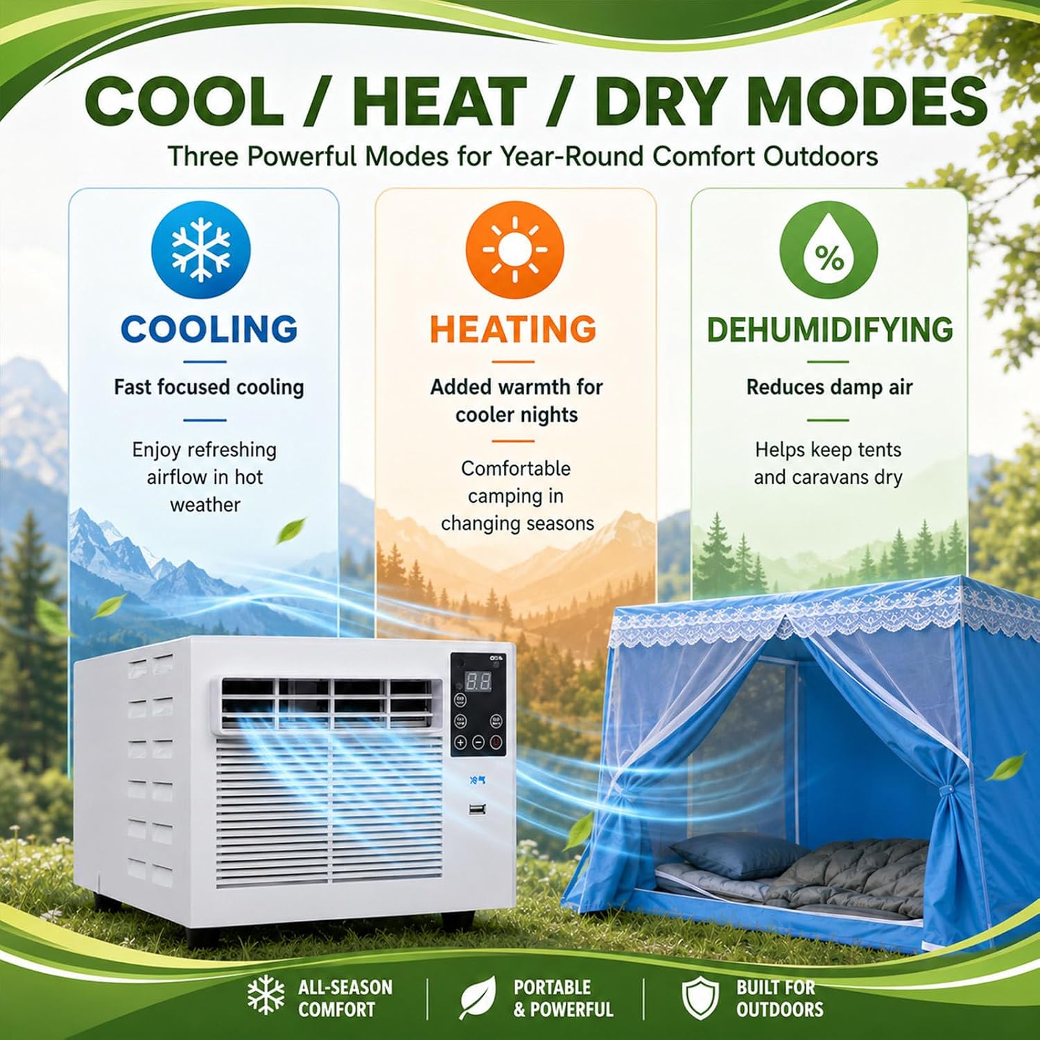  Climatiseur Portable De Voyage Pour Pick-Up, SUV Et Caravane, Climatiseur Mobile Pour Tente Et Rafraîchisseur D'air Portable, 1876 Btu, 280 W, Silencieux, Minuterie À Distance AC+0.9M