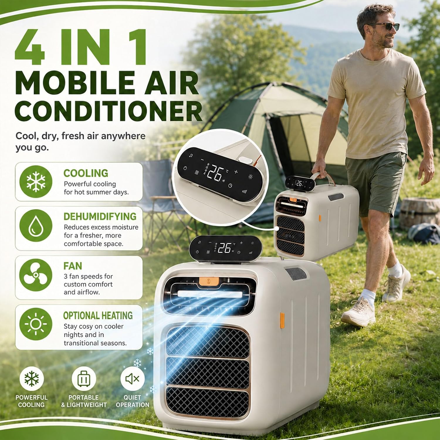  Climatiseur Portable 450 W,Climatiseur Mobile Compact 4700 Btu,Climatiseur De Camping Avec Flux D'air Réglable,Mode Silencieux 45 DB,Auto-Évaporateur Pour Tente/Caravane Cooling+Heating |