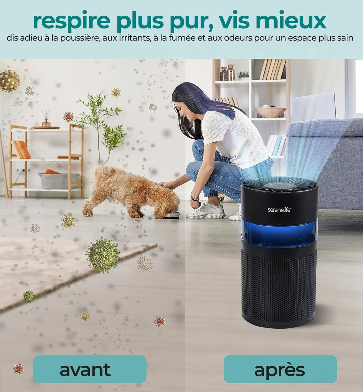  SereneLife Purificateur D’Air HEPA H13 Compact Pour Chambre Et Bureau – Filtration Des Allergènes, Pollen, Poils D’Animaux, Odeurs Et Fumée, Mode Sommeil, Minuterie, Boîte à Arômes