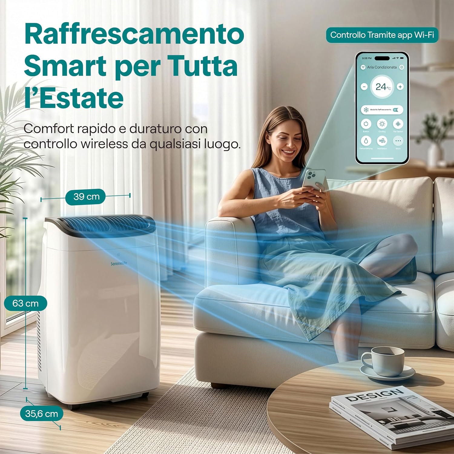  SereneLife Climatiseur Portable 7 000 BTU – Clim Mobile 3 En 1 Silencieuse Avec WiFi, Déshumidificateur, Ventilation, Rafraîchisseur D’Air, Contrôle APP, Kit Fenêtre, Pour Chambre Et Bureau