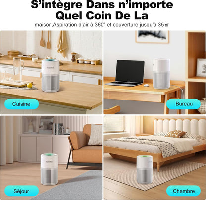  Purificateur D'Air Chambre - Filtration Efficace Contre Allergies Et Odeurs, Silencieux, Avec Éponge D'Aromathérapie, 10W Économie D'Énergie, CADR 95, Air Purifier HEPA Pour Maison Bureau