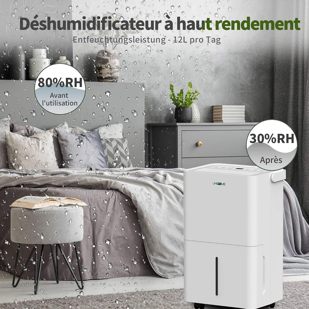  Uhome Déshumidificateur électrique, 12 L/24 H, Déshumidificateur D'ambiance 54 M³/18 M², Avec Arrêt Automatique, Capteur D'humidité, Mode Lavage Et Filtre à Charbon Actif, Tuyau D'arrosage