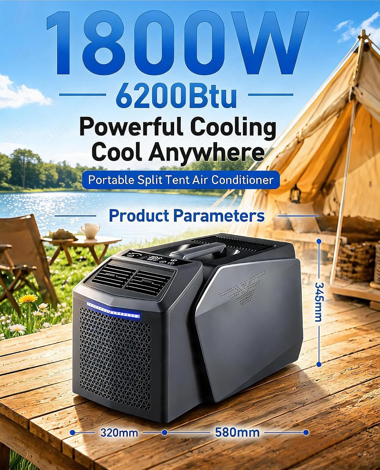  Climatiseur Portable Camping, Climatiseur Mobile Split, 6200 BTU, 550W Énergie Éco, Fonction Sans Vidange, Reglable 16-32℃, 4 Modes, Compact Avec Poignée Pour Tente, Caravane, Van Life