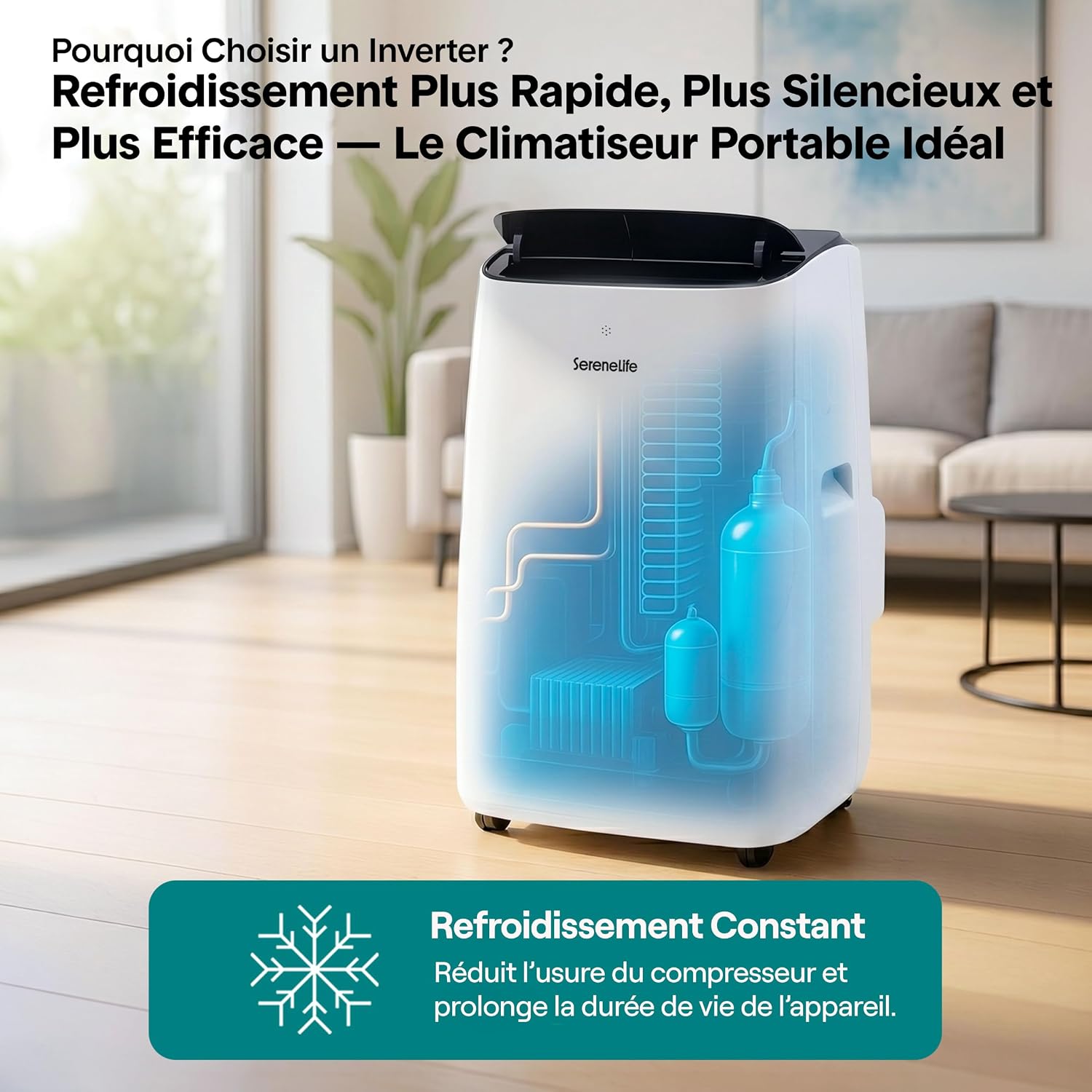  SereneLife Climatiseur Mobile Inverter A+++ 12000 BTU Double Tuyau – 4 En 1 Refroidissement Chauffage Déshumidification Ventilation, Auto-Swing, WiFi, Ultra Silencieux 44 à 49 DB Avec Kit Fenêtre