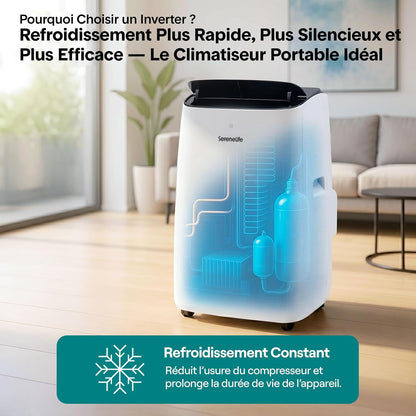  SereneLife Climatiseur Mobile Inverter A+++ 12000 BTU Double Tuyau – 4 En 1 Refroidissement Chauffage Déshumidification Ventilation, Auto-Swing, WiFi, Ultra Silencieux 44 à 49 DB Avec Kit Fenêtre