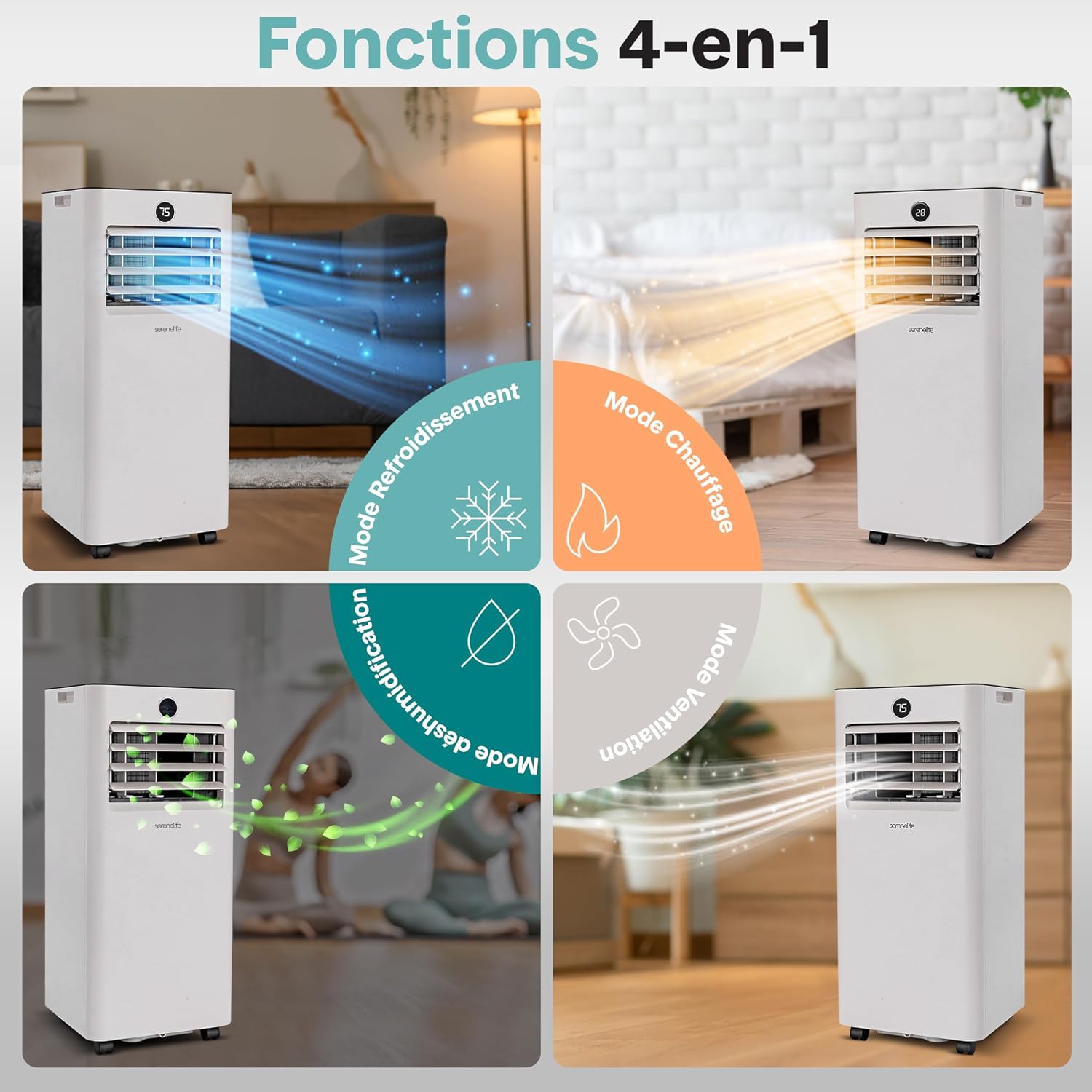  SereneLife Climatiseur Mobile WiFi 9000 BTU 4 En 1 – Silencieux Avec Chauffage Déshumidificateur Kit Fenêtre Roulettes Pour Chambre Bureau Maison Blanc