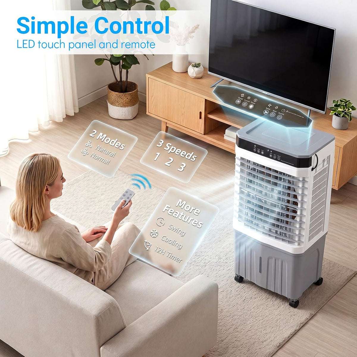 GENERIC Refroidisseur D'air Par évaporation Avec Télécommande, Ventilateur De Refroidissement à 3 Vitesses, Humidificateur, Affichage LED, Minuterie 12h, AC Mobile Portable Pour Chambre à Coucher, Avec 4