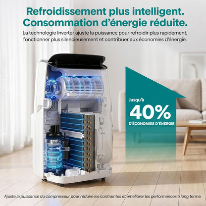  SereneLife Climatiseur Mobile Inverter A+++ 12000 BTU Double Tuyau – 4 En 1 Refroidissement Chauffage Déshumidification Ventilation, Auto-Swing, WiFi, Ultra Silencieux 44 à 49 DB Avec Kit Fenêtre