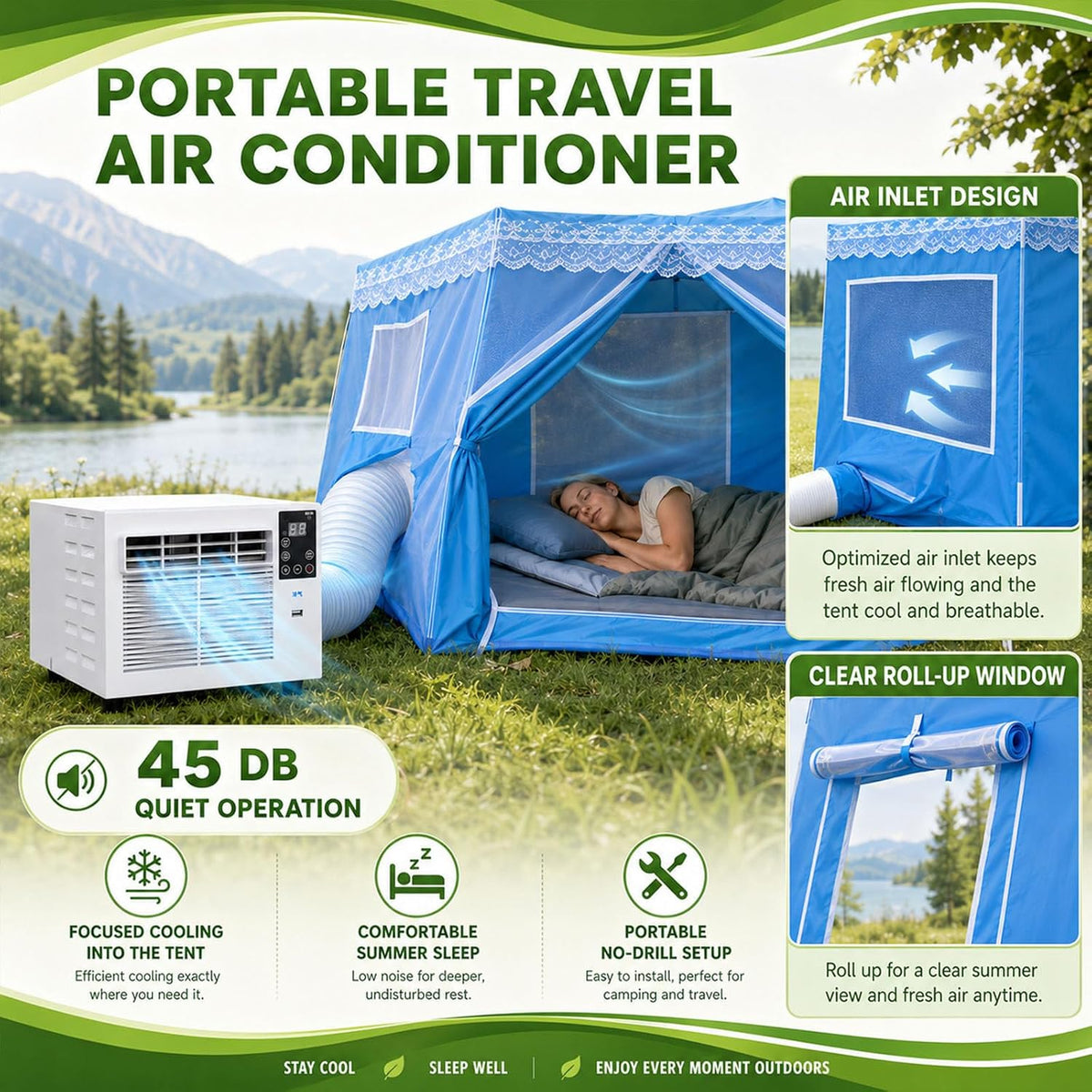  Climatiseur Portable De Voyage Pour Pick-Up, SUV Et Caravane, Climatiseur Mobile Pour Tente Et Rafraîchisseur D'air Portable, 1876 Btu, 280 W, Silencieux, Minuterie À Distance AC+0.9M