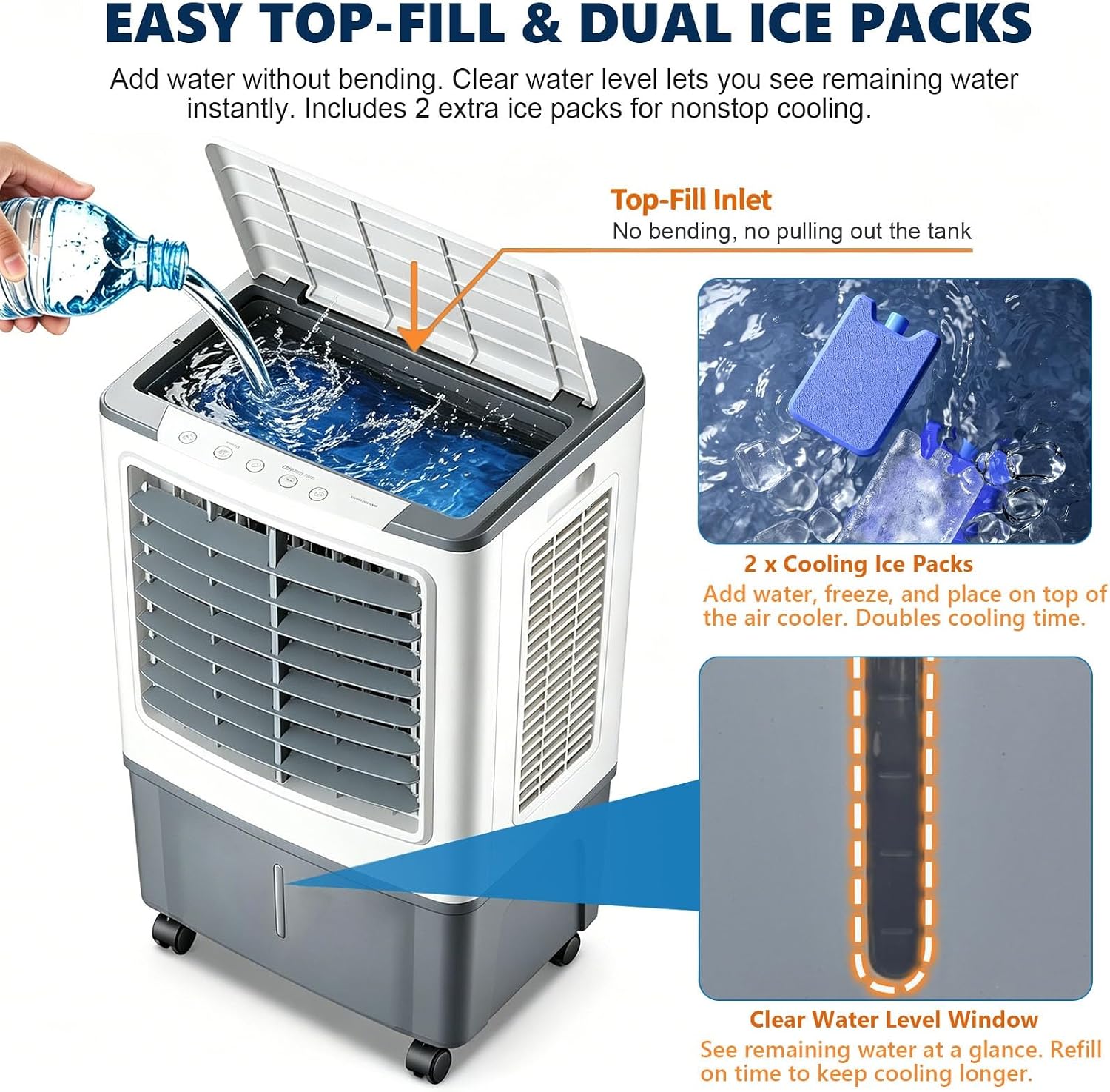GENERIC Refroidisseur D'air Et Ventilateur 3 En 1, Rotation Automatique à 120°, 4 Roulettes Lisses, Réservoir De 20 L, Refroidissement De 1177 CFM, 3 Vitesses, Avec 2 Blocs De Glace, For Appartement RV