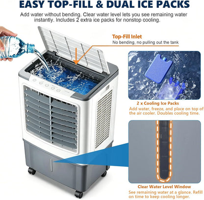GENERIC Refroidisseur D'air Et Ventilateur 3 En 1, Rotation Automatique à 120°, 4 Roulettes Lisses, Réservoir De 20 L, Refroidissement De 1177 CFM, 3 Vitesses, Avec 2 Blocs De Glace, For Appartement RV