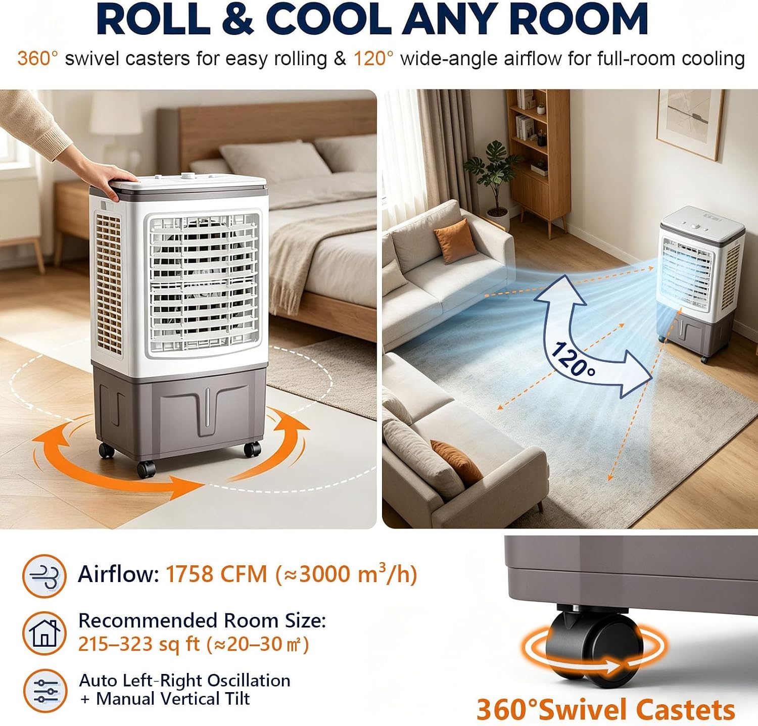 GENERIC Ventilateur Refroidisseur D'air Par évaporation Portable, Réservoir D'eau 30 L, Rideau Triple Face 1758 CFM, Oscillation 120°, 3 Vitesses, Sans Tuyau, 100 W, For Maison, Bureau, Terrasse