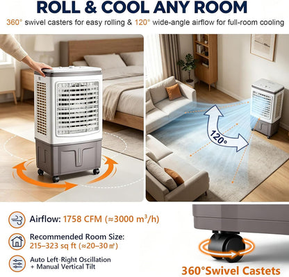 GENERIC Ventilateur Refroidisseur D'air Par évaporation Portable, Réservoir D'eau 30 L, Rideau Triple Face 1758 CFM, Oscillation 120°, 3 Vitesses, Sans Tuyau, 100 W, For Maison, Bureau, Terrasse