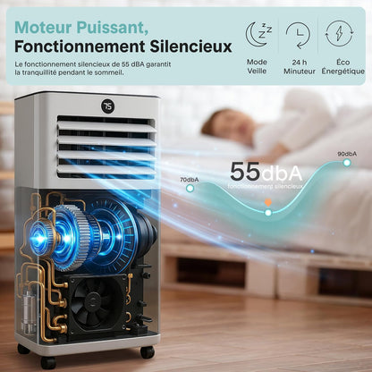  SereneLife Climatiseur Mobile WiFi 9000 BTU 4 En 1 – Silencieux Avec Chauffage Déshumidificateur Kit Fenêtre Roulettes Pour Chambre Bureau Maison Blanc